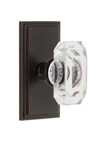 Grandeur Carre Rosette Door Set with Clear Crystal-Glass Baguette Knobs in Timeless Bronze.